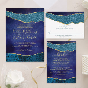 Invitation En Aluminium Elégant Marine Blue & Gold Agate Mariage Real