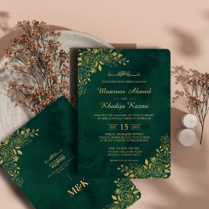 Invitation Royal Emerald Green Gold Floral Mariage islamique