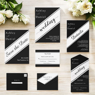 Invitation Tout En Un Elégant Mariage moderne Noir et Blanc Fancy Chic