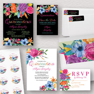 Fiesta Blume Black Floral Quinceanera Save The Date