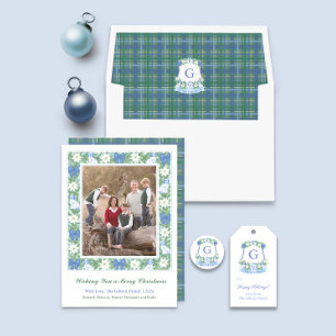 Elegantes Blau-Weiß-Weihnachts-Monogramm-Foto Feiertagskarte