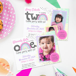 Invitation Rainbow Baby 1er anniversaire Kawaii Doodles Photo