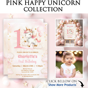 Pink Cute Unicorn Girl 1er anniversaire Invitation