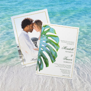 Invitation Plage tropicale Monstera Leaf Gold Mariage élégant