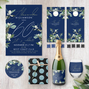 Cartes Pour Fêtes Annuelles Style Soixante moderne Script bleu Floral Invitati
