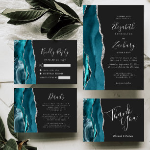 Invitation Mariage Moderne Sarcelle Argent Agate Foncé