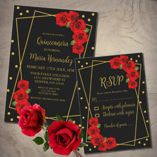 Rote Rose Black und Gold Quinceñera Tischnummer