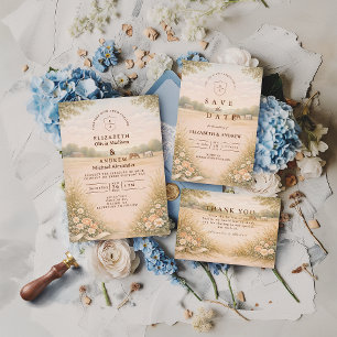 Invitation Paysage champêtre aux pastels doux pour mariage