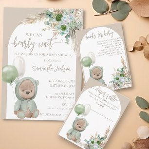 Invitation Ours Baby Shower à peine attendre vert boho   