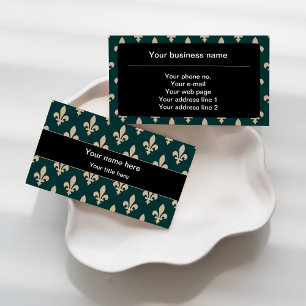 Carte De Visite Fleur de Lis Motif, Français, Royal, Crème, Vert