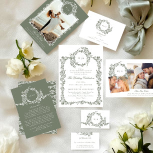 Invitation Monogramme de couronne Sage Vert Élégant Mariage d