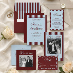 Eisblau und Burgunderrot gestreifte Retro-Hochzeit Save The Date