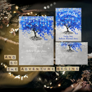 Invitation Cobalt Blue Heart Leaf Tree Mariage