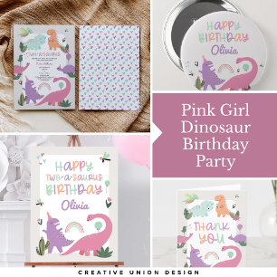 Pink Girl Dinosaur 2. Geburtstagsfeier Party Einla Einladung