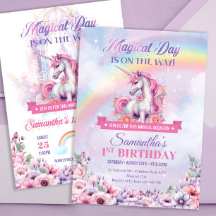 Invitation Pastel Pink Unicorn et Rainbows 1er anniversaire