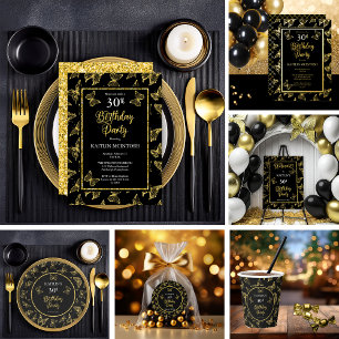 Elegantes Black Gold Butterflies 30. Geburtstag Pa Einladung