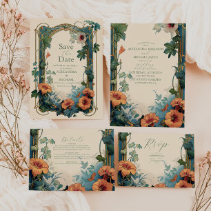 Invitation Olive & Orange Mariage Vintage Art Nouveau Floral