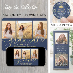 4 Foto Collage Script Navy Gold Graduation Party Einladung