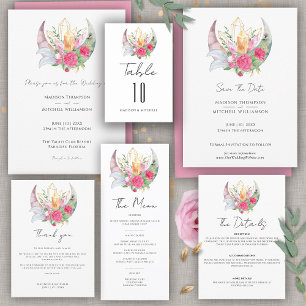 Boho Moon Crystals Feathers Pink Blume Hochzeit Dankeskarte