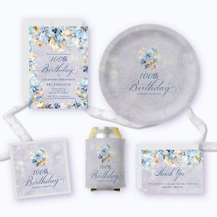 Assiettes En Carton Aquarelle Bleu Blanc Floral 100e anniversaire