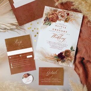 Exotische Hochzeit mit Terracotta-Blume und Pampas All In One Einladung