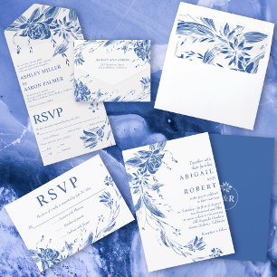 Invitation Trois Volets Bleu, blanc ligne art fleurs photo mariage