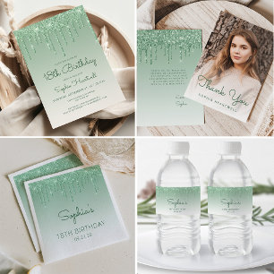 Étiquette Pour Bouteilles D'eau Fête d'anniversaire de 18 ans Elegant Green Glitte