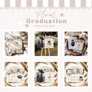 Carte De Remerciements Elégant Marine Blue Floral Graduation