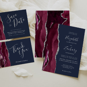 Carte RSVP Burgundy Silver Agate Marine Blue Weddi