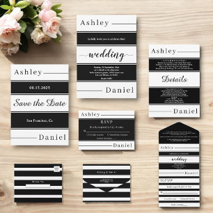 Moderne Schwarz-Weiß-Streifen Elegante Hochzeit All In One Einladung