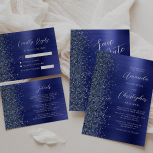 Carte D'accompagnement Détails de mariage en métal brossé bleu marine 