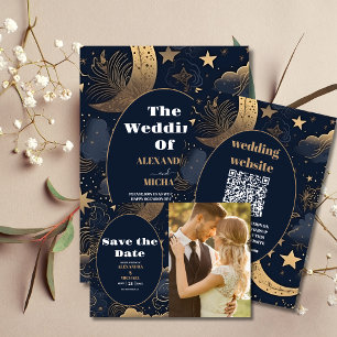 Foto Midnight Blue Gold Celestial Wedding Save The Date