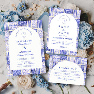 Invitation Mariage Patchwork Toile Bleu Blanc