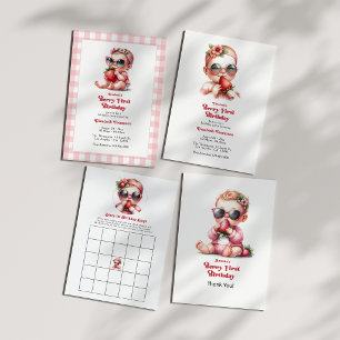Invitation En vichy rose & fraise Berry 1er anniversaire fête