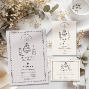 Schwarz-weiße handgezogene Western-Doodle-Hochzeit Save The Date