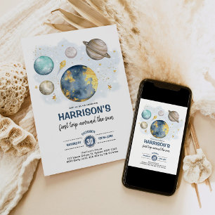 Space Birthday Moon Stars Planets Galaxy Junge Par Einladung