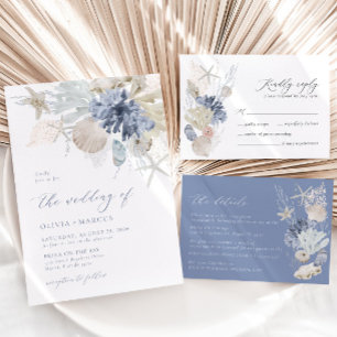 Boho Elegant am Strand Blue Wedding Einladung