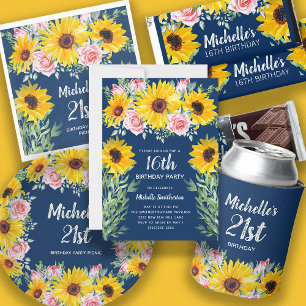 Rosa Roses Sonnenblumen Navy Blue 21. Geburtstag Einladung