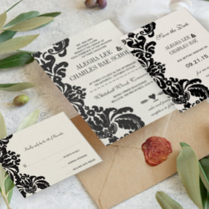 Invitation Tout En Un Elégant Rustique Simple Floral Damask Design
