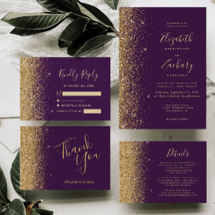 Invitation Mariage Moderne Faux Paillettes Or Violet Foncé Bo
