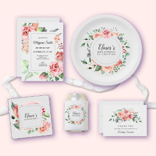 Invitation Élégante Rose rose florale 80e fête d'anniversaire