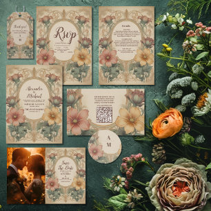 Olive & Orange Wedding Vintag Art Nouveau Floral RSVP Karte