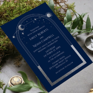 Mystical Chic Blue Silver Star Moon Foto Wedding Dankeskarte