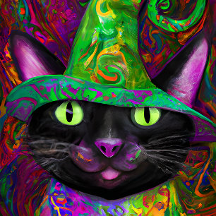 Crazy Halloween Black Cat Portrait Art Poster