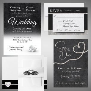Diamond Heart Elegance Black & White Wedding Einladung