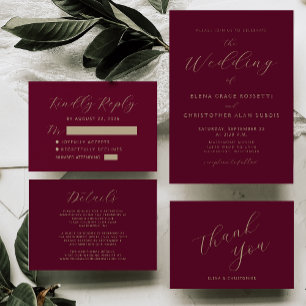 Burgundy Gold Script Wedding RSVP Karte