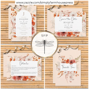 Invitation Boho Brûlé Orange Chute Florale Arc Monogramme Pêc