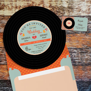 Moderne Retro Vinyl Record Black Aquamarin Wedding Einladung
