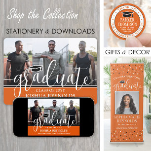 Faire-part Moderne Orange, Noir et Blanc 4 Diplôme Photo