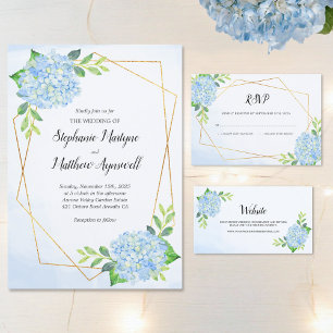 Invitation Moderne Floral Géométrique Bleu Hydrangée Mariage